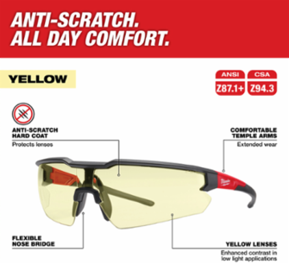 Safety Glasses - Yellow Anti-Scratch Lenses