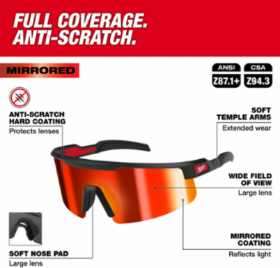 Wrap Around Safety Glasses - Red Mirrored Anti-Scratch Lenses