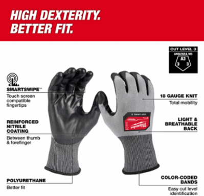 Cut Level 3 High Dexterity Polyurethane Dipped Gloves - Small, 18 Gauge