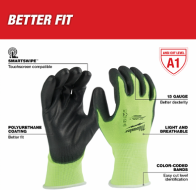 High Visibility Cut Level 1 Gloves - XXL, Polyurethane, 15 Gauge
