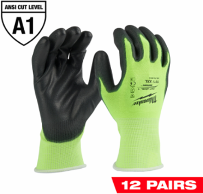 High Visibility Cut Level 1 Gloves - XXL, Polyurethane, 15 Gauge