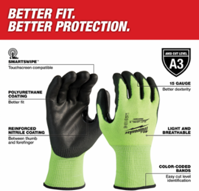 High Visibility Cut Level 3 Polyurethane Dipped Gloves, Size Small