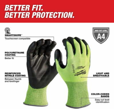 High Visibility Cut Level 4 Polyurethane Dipped Gloves - Medium, A4 Rating, SMARTSWIPE™