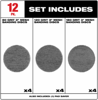 3” Assorted 80, 120, 180 Grit Mesh Sanding Discs with POWERGRID™ Tear Resistant Mesh – (12 PK) + Pad Saver