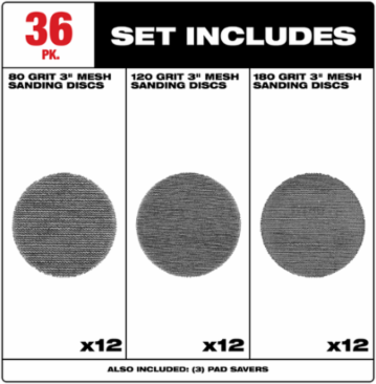 3” Assorted 80, 120, 180 Grit Mesh Sanding Discs with POWERGRID™ Tear Resistant Mesh – (36 PK) + 3 Pad Savers