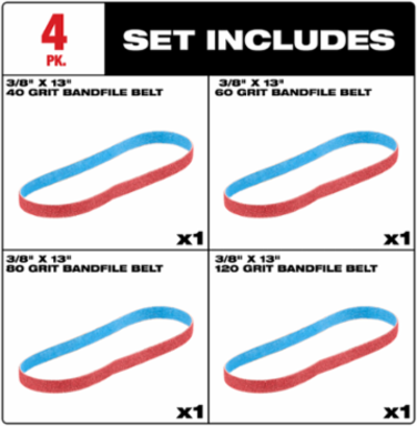 3/8” x 13” 40/60/80/120 Grit Bandfile Belts – 4 pack variety