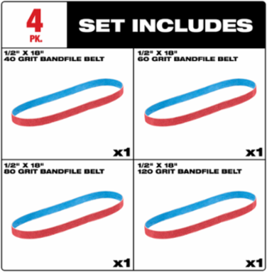 1/2” x 18” 40/60/80/120 Grit Bandfile Belts – 4 pack variety