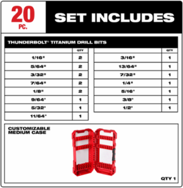 THUNDERBOLT® 20PC Titanium Drill Bit Set, Includes Sizes 1/16 to 1/2 Inch