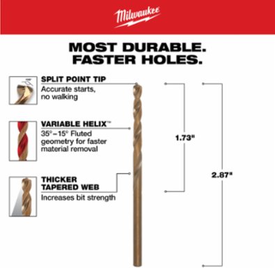 9/64 Inch Cobalt RED HELIX Drill Bit, 5.62 Inch Length, 135° Split Point