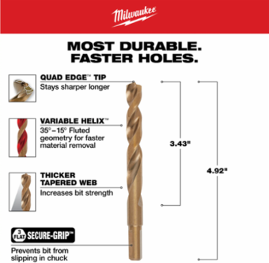 7/16 Inch Cobalt RED HELIX Drill Bit, Jobber Length, 135° Split Point