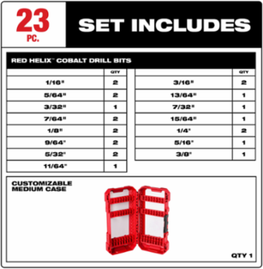 RED HELIX™ Cobalt Drill Bit Set – 23PC, Includes 1/16 to 3/8 Inch Bits