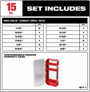 15PC RED HELIX Cobalt Drill Bit Set, Includes 1/16" to 3/8" Sizes