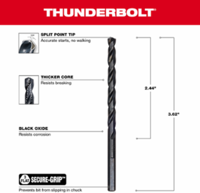 3/16 Inch THUNDERBOLT® Black Oxide Jobber Drill Bit, 6 Inch Length, 135° Split Point