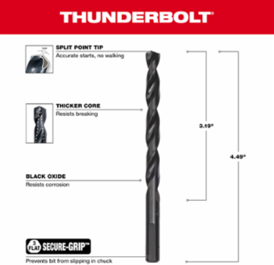 5/16 Inch Thunderbolt Black Oxide Jobber Drill Bit, 6 Inch Length, 135° Split Point