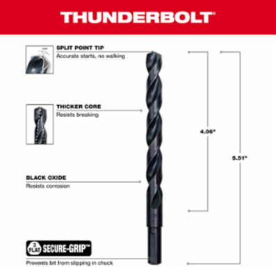 7/16 Inch Thunderbolt Black Oxide Jobber Drill Bit, 4 Inch Flute Length, 135° Split Point