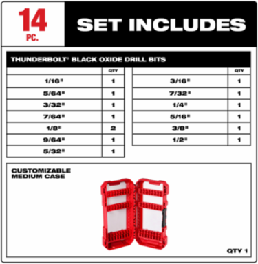 14PC THUNDERBOLT® Black Oxide Drill Bit Set, Jobber, 135° Split Point Tip