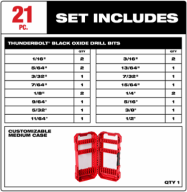 THUNDERBOLT® Black Oxide Drill Bit Set, 21 Pieces, Jobber Length