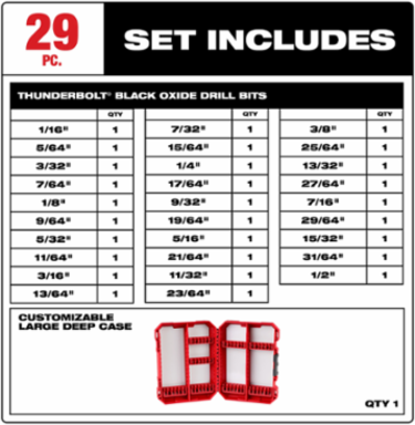 THUNDERBOLT® Black Oxide Drill Bit Set, 29 Pieces, 1/16 to 1/2 Inch Sizes