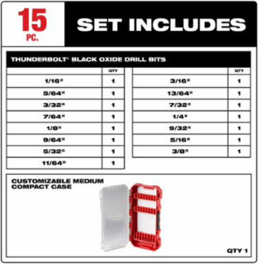 THUNDERBOLT® 15PC Black Oxide Twist Drill Bit Set, 1/16 to 3/8 Inch