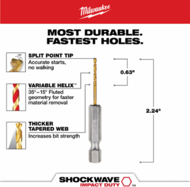 1/16 Inch SHOCKWAVE Impact Duty RED HELIX Titanium Drill Bit, 2.25 Inch Length