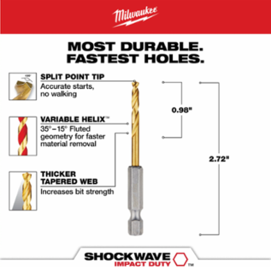 9/64 Inch SHOCKWAVE Impact Duty Titanium Drill Bit, 2.63 Inch Length, Hex Shank