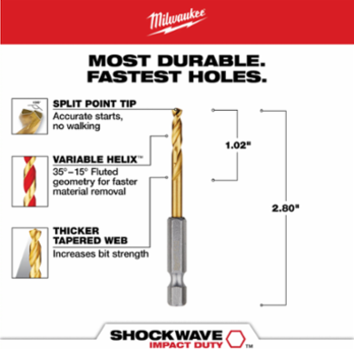 5/32 Inch SHOCKWAVE Titanium Drill Bit, 2.75 Inch Length, Hex Shank