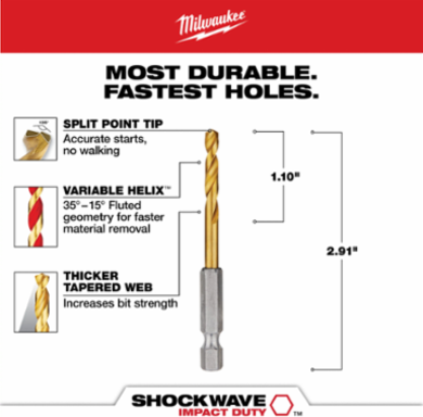 11/64 Inch SHOCKWAVE™ Titanium Drill Bit, Hex Shank, 0.25 in Diameter