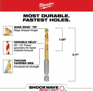 13/64 Inch SHOCKWAVE™ Titanium Drill Bit, Hex Shank, 3.5 Inch Length