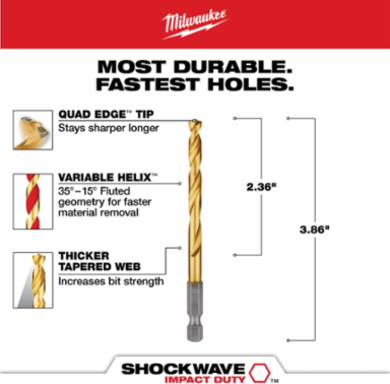 SHOCKWAVE Titanium Drill Bit 15/64 Inch, Hex Shank, 4.13 Inch Long