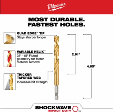 3/8 Inch SHOCKWAVE Titanium Drill Bit, 4.65 Inch Length, Hex Shank
