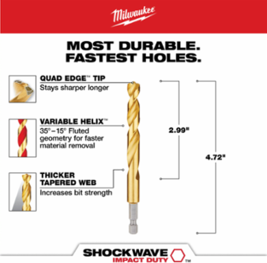 SHOCKWAVE Titanium Drill Bit 25/64 Inch, Hex Shank, Rapid Chip Removal