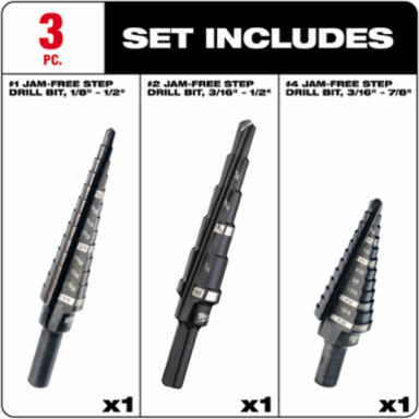 Step Drill Bit Set, 3 Pieces, Black Oxide Coating, 1/8"-7/8" Sizes
