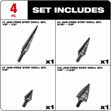4PC Step Drill Bit Set with Black Oxide Coating, 1/8" to 1-3/8" Sizes