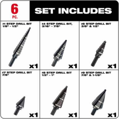 6PC Step Drill Bit Set, 1/8"-1-1/8", Black Oxide, Rapid Strike™ Tip