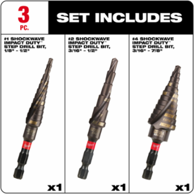SHOCKWAVE Impact Duty Step Bits Set, 3 Pieces - Titanium Nitride Coated, #1, #2, #4