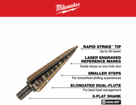 Cobalt Step Drill Bit #4 3/16-7/8 Inch, Bi-Metal, 0.375 Inch Shank