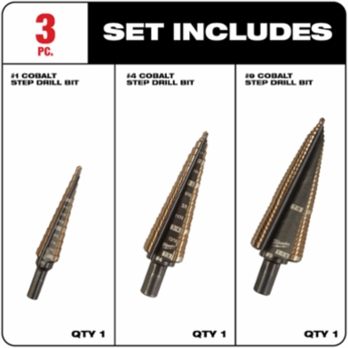 Cobalt Step Drill Bit Kit, 3 Pieces, Includes Sizes 1/8-1/2 Inch, 3/16-7/8 Inch, 7/8-1-1/8 Inch