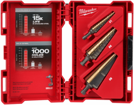 Cobalt Step Drill Bit Kit, 3 Pieces, Includes Sizes 1/8-1/2 Inch, 3/16-7/8 Inch, 7/8-1-1/8 Inch