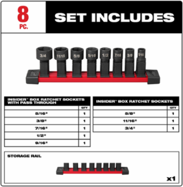 INSIDERTM SAE Box Ratchet Socket Set 8PC, 6-Point, High Carbon Steel, 9/16 Inch to 3/4 Inch