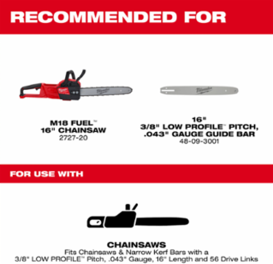 16 Inch 3/8 Inch Low Profile Saw Chain, 0.043 Inch Gauge, 56 Drive Links