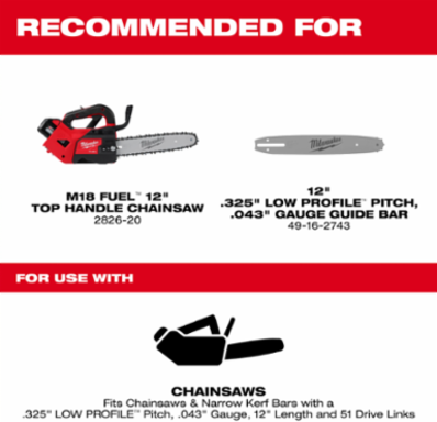 12 Inch Low Profile Chainsaw Chain, .325 Pitch, .043 Gauge, 51 Drive Links