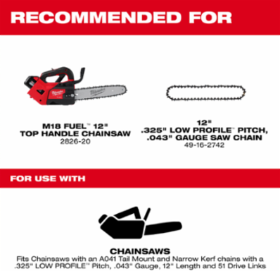 12 Inch Chainsaw Guide Bar, .325 Low Profile Pitch, .043 Inch Gauge