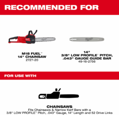 14 Inch 3/8 Inch Low Profile Saw Chain, .043 Inch Gauge, 52 Links