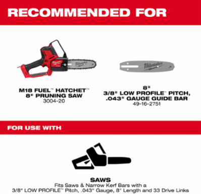 8 Inch Low Profile Pruning Saw Chain, 3/8 Pitch, .043 Gauge, 33 Drive Links