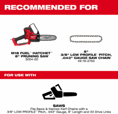 8 Inch Pruning Saw Guide Bar, 3/8 Inch Low Profile, .043 Inch Gauge