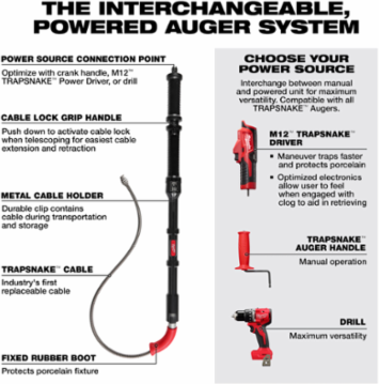 TRAPSNAKETM 6 ft Toilet Auger, 1/2 Inch Cable, Metal Construction