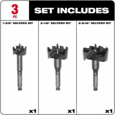 3PC Selfeed Bit Plumbers' Set with 1-3/8", 2-1/8", 2-9/16" Bits