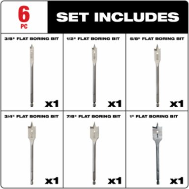 6-Piece 6 Inch Flat Boring Bit Set - High Carbon Steel, 3/8 to 1 Inch Sizes