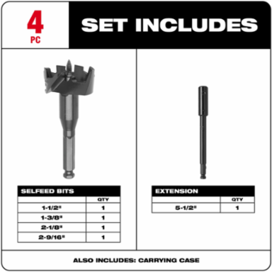 Contractor's Selfeed Bit Kit - 4 Pieces, High Speed Steel, 1-3/8 to 2-9/16 Inch