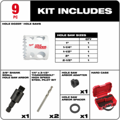 HOLE DOZER™ 9-Piece Bi-Metal Hole Saw Kit, 1" to 2-1/2" Diameter, 3.5 TPI